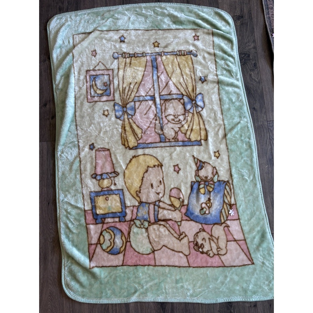 Vintage Soft Pastel 37"x55" Playful Baby Graphic Fleece Blanket Green Boy Baby‎